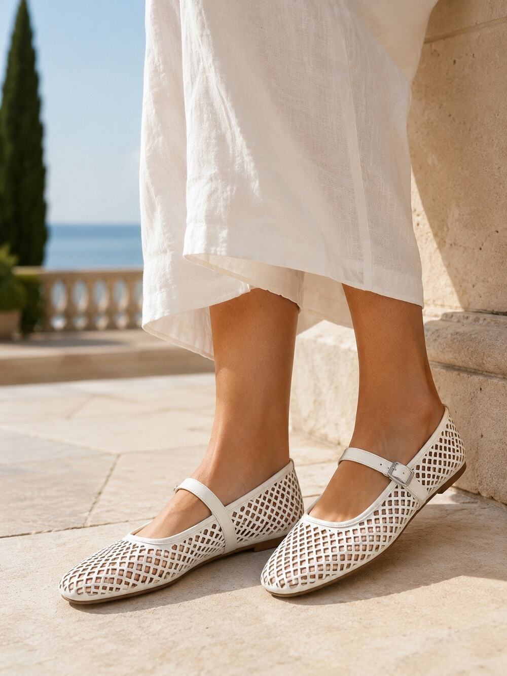 Marc Fisher White Mesh Cutout Mary Jane Ballet Flats Square Toe Balletcore 8
